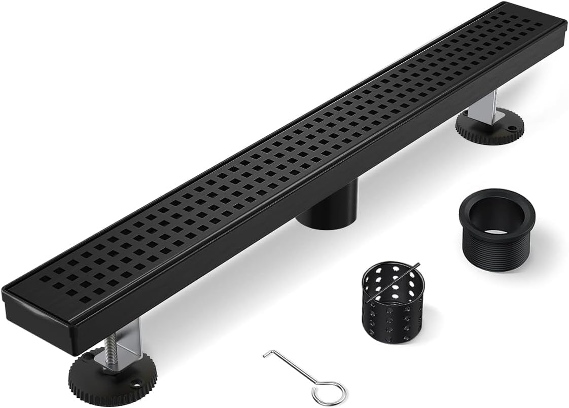 Photo 1 of HTOH Linear Shower Drain, 54 Inch Black Shower Drain with Removable Square Hole Cover Grate, Modern 304 Stainless Steel Matte Black Shower Floor Drain with Adjustable Feet,Hair Filter