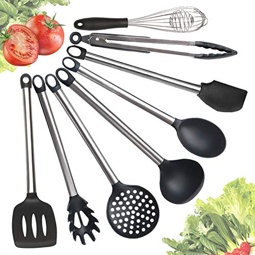 Silicone Kitchen Utensils 8-Piece Cooking Utensil Set - Sunvook Stainless Steel Heat-Resistant Spatular Kitchen Gadgets For Nonstick Pans/Pots -Black
