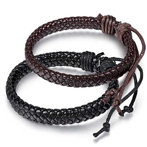 Mens-Womens-2Pack-Tribal-Braided-Leather-Rope-Brown--Black-Surfer-Cuff-Bracelet-Wristband-with-Gift-Bag