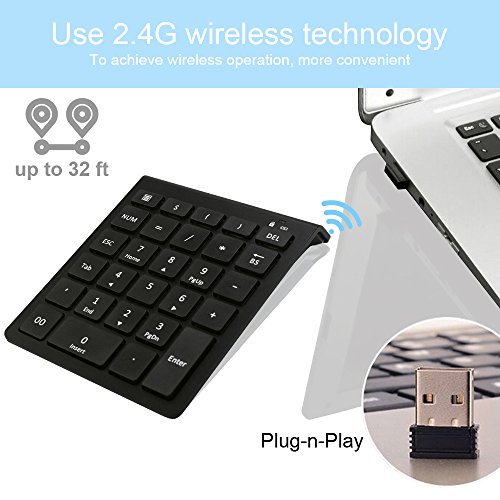 Wireless Number Pad, Wireless Numeric Keypad with Ultra-light and Versatile, 2.4GHz, 28-Keys Number Pad with USB Receiver, Shortcuts for Laptop, Desktop, Surface Pro, Notebook and More-Black