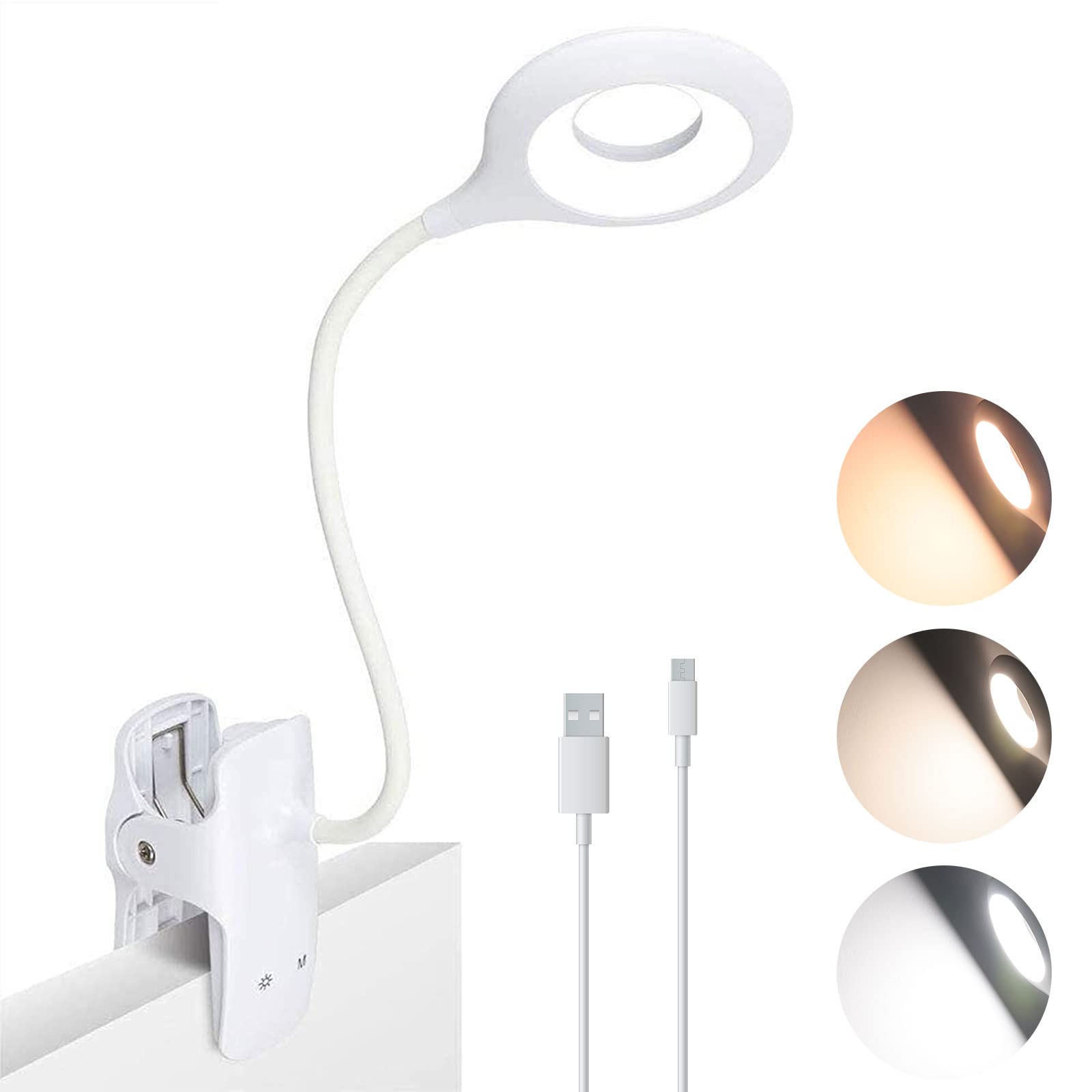 Clip On Book Light, 28 LED Eye-Protect Book Light, 3 Color Modes, Flexible Neck USB Rechargeable Touch Control Bed Lamp