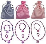 3 Princess Jewelry Dress up Sets (3 Unique Sets Each with a Necklace, Bracelet, & Ring in a Satin Bag)