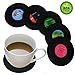 Coasters for Drinks by HIRUN - Set of 6 Vinyl Record Retro Music Coasters - Art Car Bar Tea Coffee Table Mug Beer Bottle Beverages Absorbent for Wine Glass Rubber Black Cup Mat - Large 4.2 inch Size