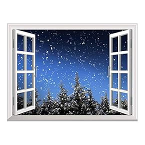 Snow Falling on The Pine Trees Outside of The Window on Christmas Eve Night | Peel and Stick Self-Adhesive Wall Mural - 24"x32"