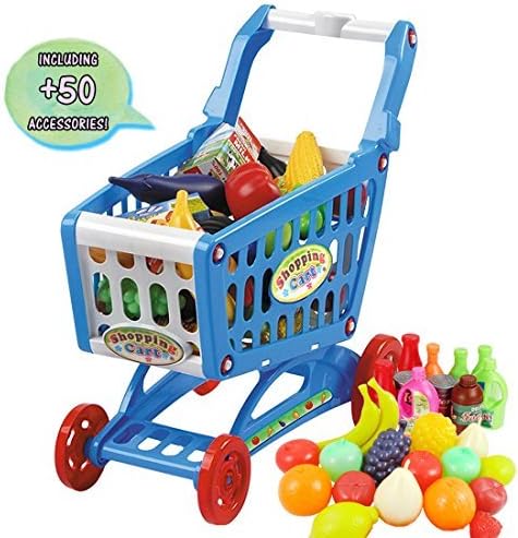 Kids Shopping Cart Trolley Play Set Includes 50 Grocery Food Accessories (BLUE)