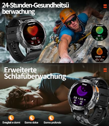 ESFOE Men's Smart Watch, 1.43 inch AMOLED Smartwatch Military Man with LED Flashlight/530mAh/5ATM Waterproof/Calls/120 Sports Modes/Heart Rate Monitor/Pedometer Android iOS Black