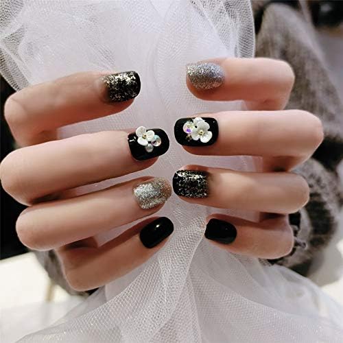 24枚 セッ12別サイズ ト 手作りネイルチップ 3d デコレーション ネイルジュエリー つけ爪 ョン 24枚入 フルチップ シンプル 両面接着テープ付き 結婚式 小さい花の飾り ブラック