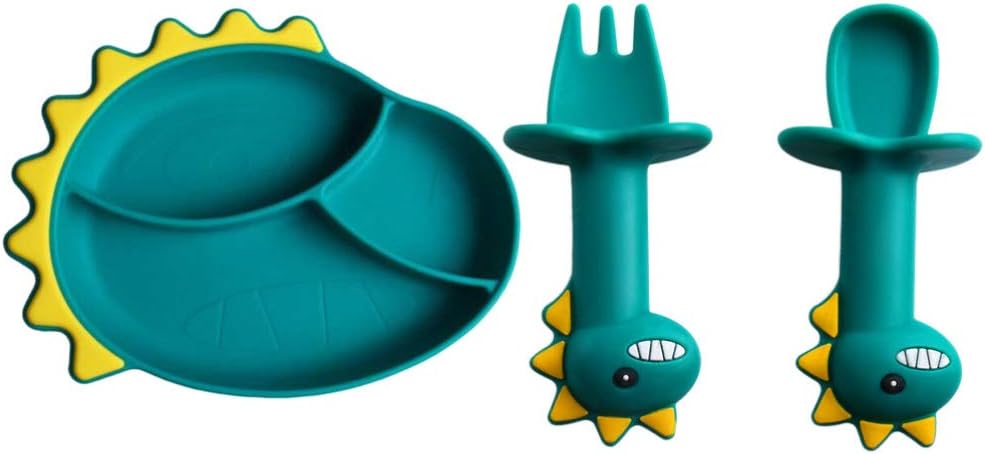 Cabilock 3pcs Dinosaurs Plate with Suction Divided Baby Spoon Fork Set for Toddlers Babies Kids Plates Utensil