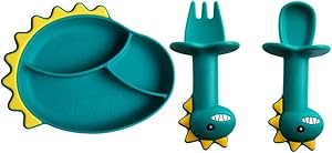 Cabilock 3pcs Dinosaurs Plate with Suction Divided Baby Spoon Fork Set for Toddlers Babies Kids Plates Utensil