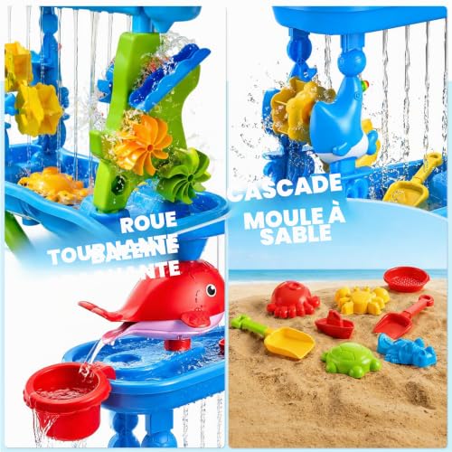 4 Tier Water Table for Children, 4 in 1 Water Games and Outdoor Sand with Accessories (Incl. Sand Mould, Shovel, Watering Can, Activity), Educational Activity Table for Boys and Girls Aged 3+
