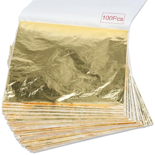 100Pcs Gold Leaf Sheets Gold Foil Sheets for Gilding Crafting, Art & DIY Projects, Picture Frames, Home Walls, Interior and Multi Artistic Decoration, Imitation Gold Foil Sheets 5.5