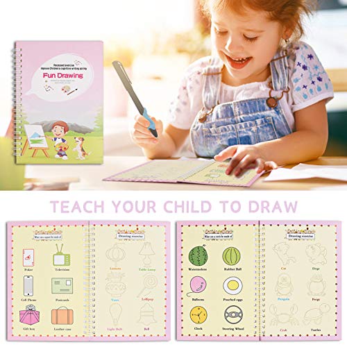 English Magic Practice Copybook for Kids, 4 Pieces Reusable Writing Practice Book Set, Magic Calligraphy Tracing Copybook, for Kid Learning Alphabet, Number, Mathematics, Drawing (Contains Pen)