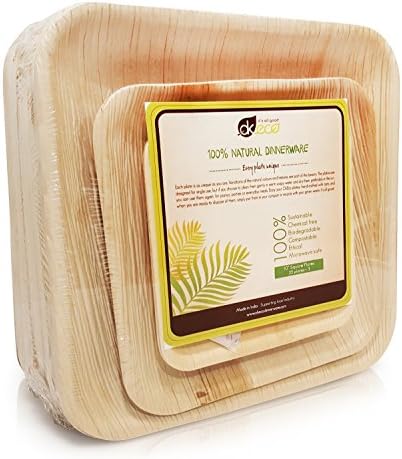 OkEco Natural Palm Leaf Plates - Set of 25 Square 10โโ Disposable Palm Leaf Plates For Weddings, Parties, And Picnics - Includes 3 Extra Plates (8โโ x 1, 6โโ x 2)