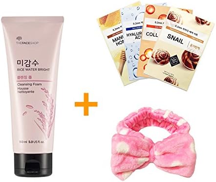Beauty Shake Bundle - The Face Shop Rice Water Bright Cleansing Foam, 5Oz + Cute Ribbon Headband + 4 sheets of Mask Pack Etude House