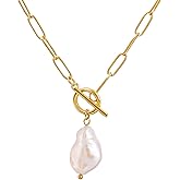 TaYolnFaSo Pearl Gemstone Pendant Paperclip Toggle Necklace 18k Gold Plated Natural Pearl Stone Birthstone Chain Necklace Paperclip Jewelry Valentine's Day Gift for Women