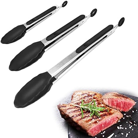 Non-Stick Cooking Tongs,Heat Resistant Food Tongs Set of 3(7 9 12 inch),Stainless Steel Kitchen Tongs With Silicone Tips Serving For Cooking BBQ Vegetables Salad Grill and Steak (Black)