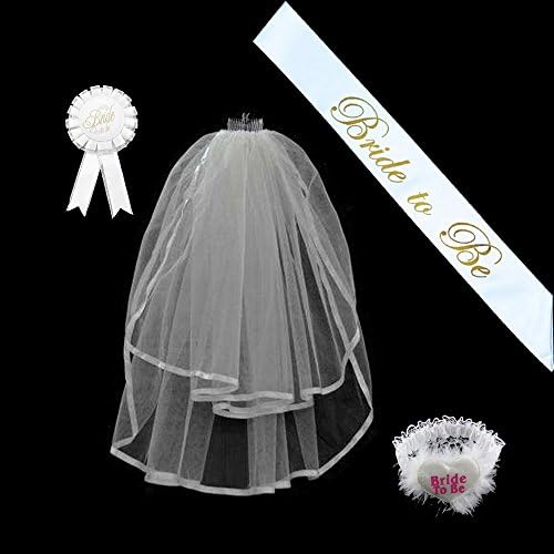 ISusser Bride to be Decoration Set，bachelorette party decorations White Double Ribbon Edge Center Cascade Bridal Wedding Veil with Comb,Bride To Be Satin Sash,Rosette Badge and Garter