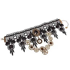 Qrettie Steampunk Gothic Lace Choker Necklace - Adjustable Clock Gear Cog Design For Halloween & Costume Parties