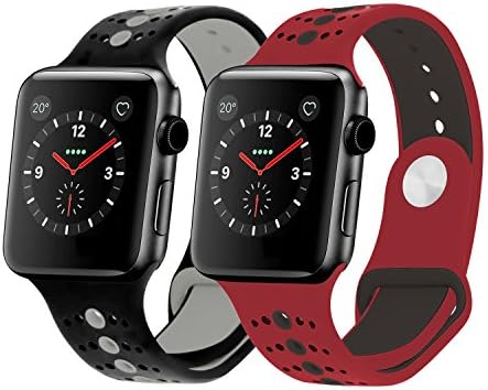 Sport Apple Watch Band 38mm 42mm Women Men, Soft Silicone Apple Watch Band Strap Replacement Iwatch Band for Apple Watch Nike+, Series 3, Series 2, Series 1 (B# Black+Grey/Red+Black 2-Pack, 42mm)
