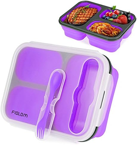 Bento Lunch Box, FIOLOM 3 Compartment Leakproof Meal Prep Container Portion Control Food Storage Container with Fork Spoon Dishwasher Safe Reusable Stackable Bento Box for Kids, Adults (Purple)
