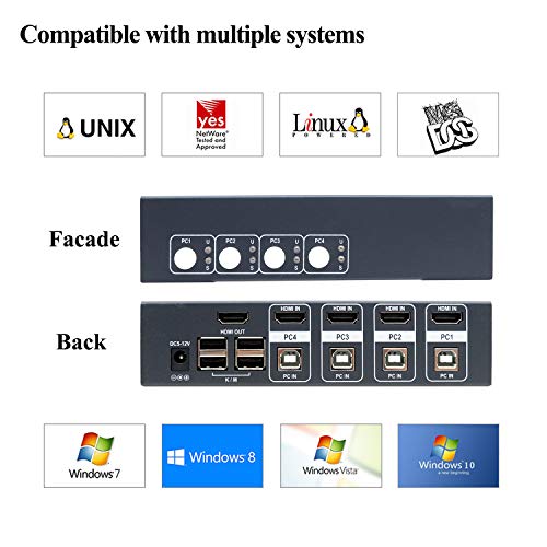 4 Port KVM Switch HDMI 2.0, Support Ultra HD 4k@60Hz, 3D, Hotkey Switch for Linux, Unix and Windows, 4 Input 1 Output with 4 USB Cables and HDMI Cables - Thumbnail 4