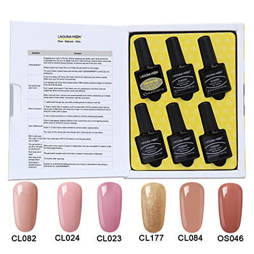 Lagunamoon Gel Nail Polish 6pcs UV LED Gel Polish Soak Off Nail Art Manicure Varnish Set with Gift Box Require LED UV Nail Dryer Lamp 8ML Each -Barefoot in Paris