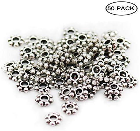Annomor Premium Tibetan Silver Daisy Spacer Metal Beads 4mm for Jewelry Making (50 Pack)
