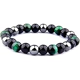 Triple Protection Bracelet for Mens Womens Tigers Eye Black Obsidian and Hematite Beaded Bracelets Tourmaline Spiritual Natural Crystal Healing Power Energy Wrist Band for Bring Luck Prosperity
