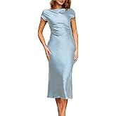 Gmeitoey 2025 Satin Cap Sleeve Cowl Back Summer Dresses for Women Elegant Ruched Waist Wedding Guest Midi Dress Lightblue