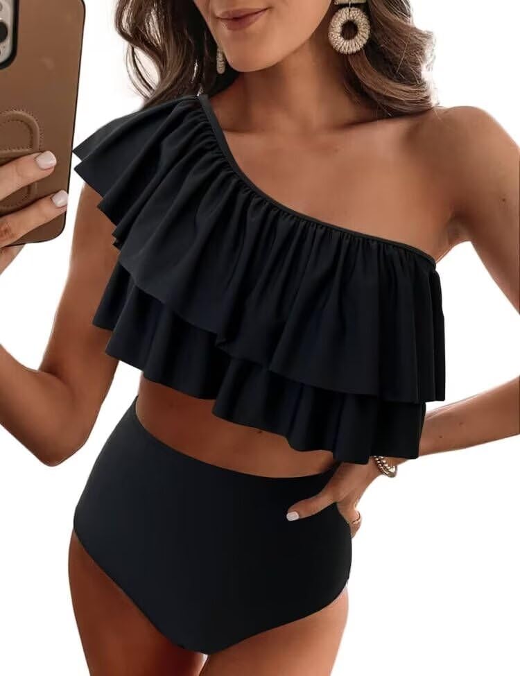 Photo 1 of VIMPUNEC Ruffle One Shoulder Swimsuits for Women Cute High Waisted Two Piece Bathing Suits Solid Black