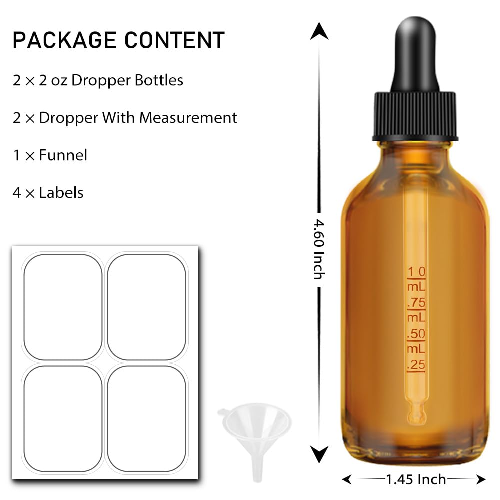 Bumobum Dropper Bottle 2 oz, 2 pack Amber Glass Eye Dropper Bottles with Labels and Funnel, Tincture Bottle with Measured Dropper - Leakproof Essential Oils Bottles for Health, Personal Care & Beauty