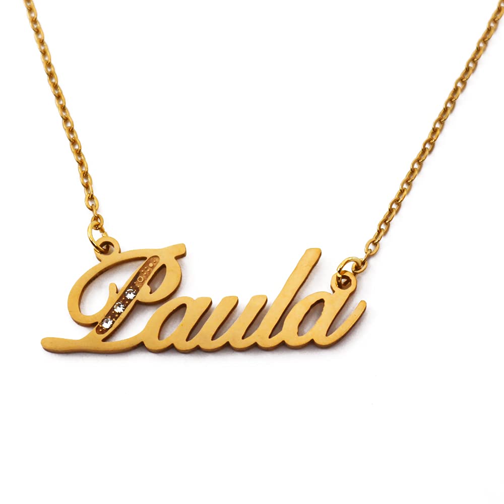 Kigu Name Necklace Paula - Gold Tone - Custom Name Necklace - Personalised Jewellery for Ladies- Customised Jewellery for Girls- Custom Pendant Paula