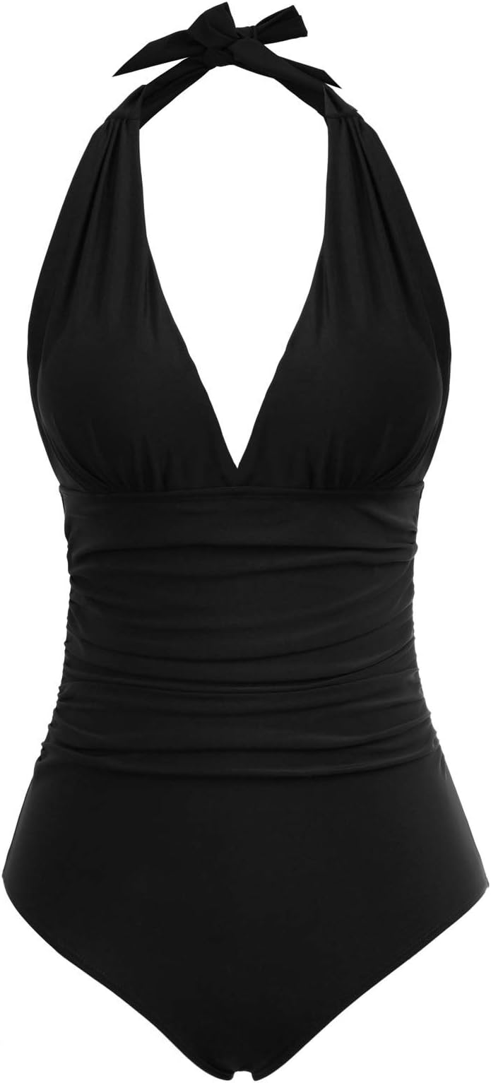 Women One Piece Tummy Control Swimsuits Halter High Waisted Swimming Costume