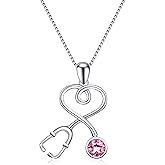 AOBOCO Stethoscope Necklace 925 Sterling Silver Embellished with 12 Months Birthstone Crystals from Austria, Graduation Gifts Medical Jewelry for Doctor Nurse Medical Student RN