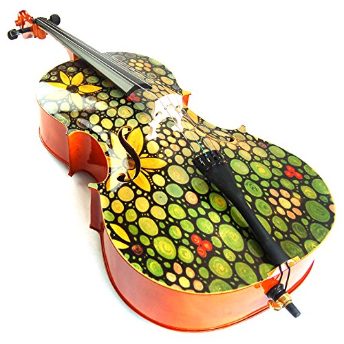 Kinglos 4/4 Green Yellow Flower Colored Solid Wood Student Cello Kit with Soft Case, Stand, Bow, Rosin, Bridge and Extra set of strings Full Size (HSDT018)