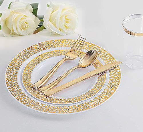 ENUOSUMA 150 Piece Plastic Plates, Dinnerware & Cups Set - Gold Plates with Lace Design -Disposable Tableware include Dinner Plates Salad Plates, Cups, Spoons, Forks & Knives for Wedding or Party - Thumbnail 3