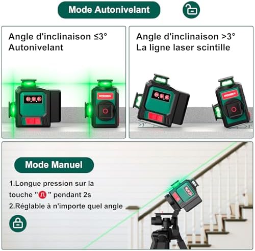 HYCHIKA Livella Laser Autolivellante 3x360°, Livello Laser con Treppiede, 2 x 3000mAh Batterie, 1 Cavo di Ricarica, 2 Borse in Tessuto e 1 Telecomando, IP54