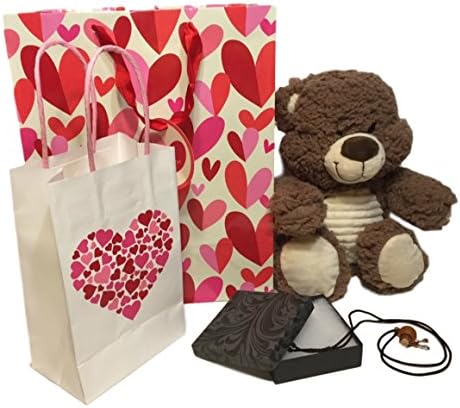 Gifts for Girls Set, 14" Plush Teddy Bear, Cute Brown Glass Pendant Necklace, Gift Bags &amp; Cards