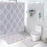 4 Piece Gray Geometric Patterned Shower Curtain Set with Non-Slip Rug, Toilet Lid Cover, Bath Mat and 12 Hooks, Curve Striped Waterproof Shower Curtain Set for Bathroom