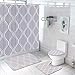 4 Piece Gray Geometric Patterned Shower Curtain Set with Non-Slip Rug, Toilet Lid Cover, Bath Mat and 12 Hooks, Curve Striped Waterproof Shower Curtain Set for Bathroom