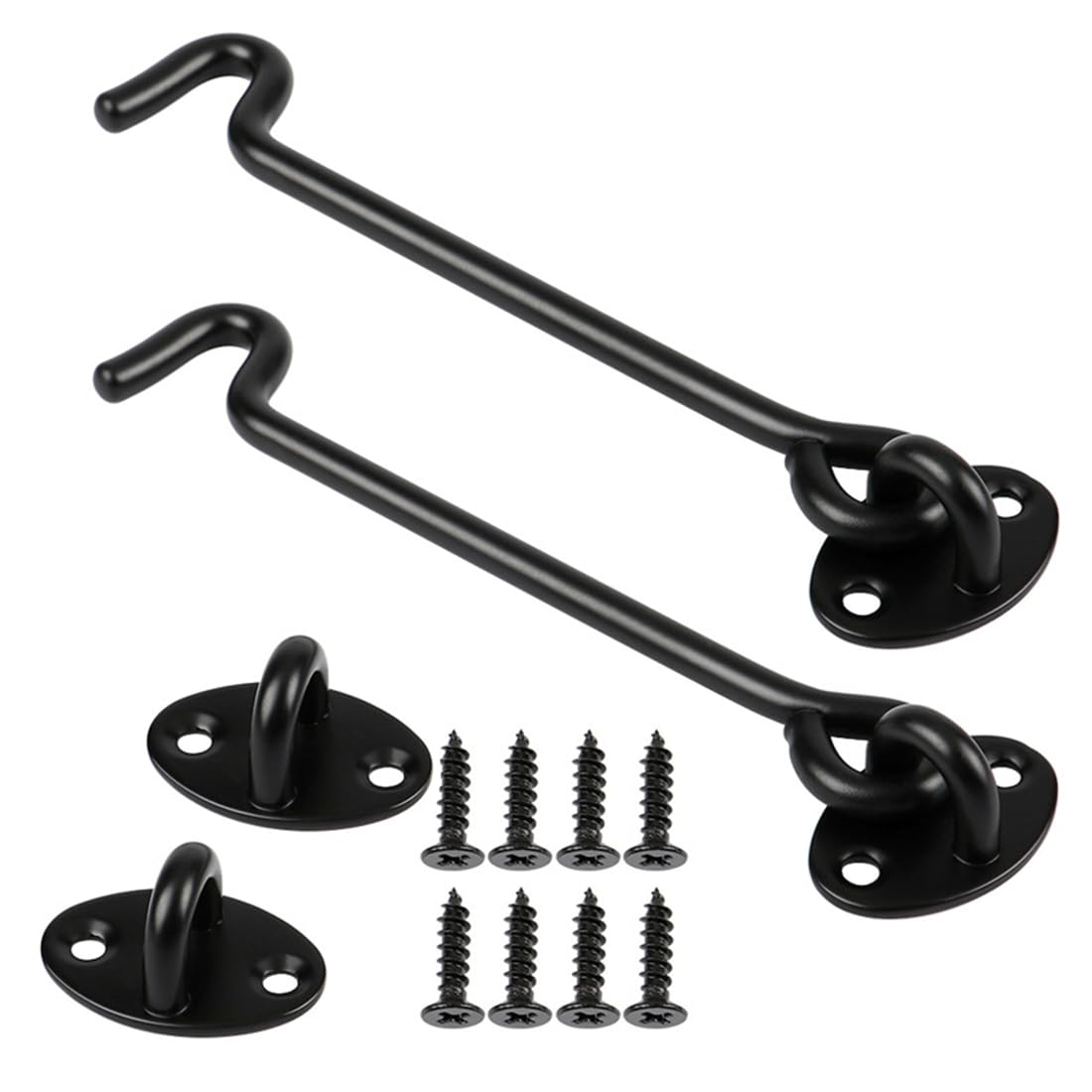 2Pcs Hook and Eye Latch - 6 Inch Black Cabin Hook, Stainless Steel Gate Latch, Heavy Duty Cabinet Latches with Mounting Screws, Eye Latch Swivel Window Hook for Sliding Door, Bathroom (Black)