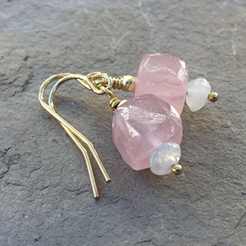 Rose Quartz Earrings with Moonstone and gold Vermeil , 1 inch long