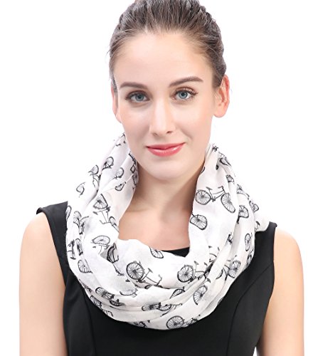 Lina & Lily Vintage Bicycle Print Loop Infinity Scarf for Women Lightweight (White and Black)