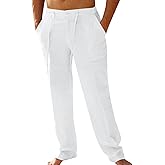 PASLTER Mens Casual Linen Pants Loose Fit Elastic Drawstring Waist Straight-Legs Summer Yoga Beach Long Pants