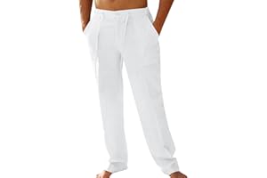 PASLTER Mens Casual Linen Pants Loose Fit Elastic Drawstring Waist Straight-Legs Summer Yoga Beach Long Pants