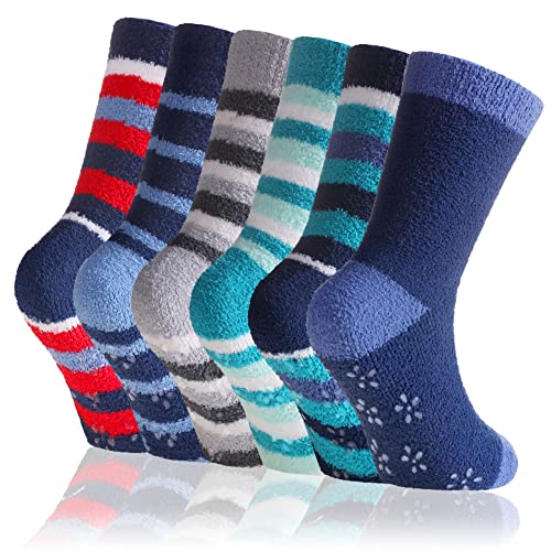 Kids Fuzzy Slipper Socks with Grips Children Boys Girls Toddlers Non Slip Warm Winter Cozy Fluffy Thermal Cute Socks 6 Pairs