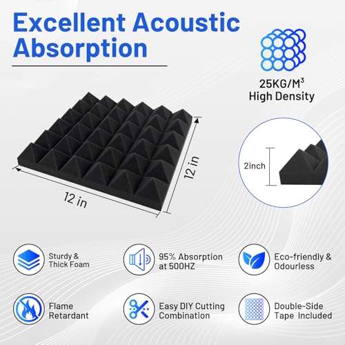 50 Pack Sound Proofing Panels, 2"x12"x12" Acoustic Foam Wall Panels, Soundproofing Panels, Sound Proof Panels for Walls, Sound Absorbing Panels for Studio, Home, Office, With Double Sided Tape