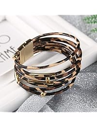 QCQHDU Leopard Bracelets for Women Men Metal Pipe Charm Multilayer Wide Leather Wrap Bracelet