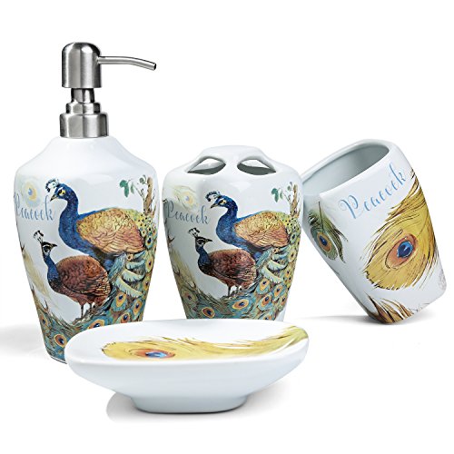 FORLONG FL3011 Ceramic Peacock Bathroom Accessories Set of 4:1 Gargle Cups,1 Toothbrush Holders,1 Soap Dishes,1 Soap Dispenser
