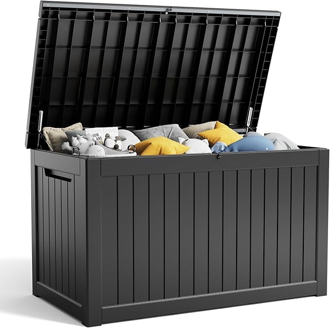 Photo 1 of 230 Gallon Resin Deck Box, Lockable Patio Outdoor Storage Box for Furniture, Garden Tools and Tools Storage, Waterproof Outside Storage Boxes - Black